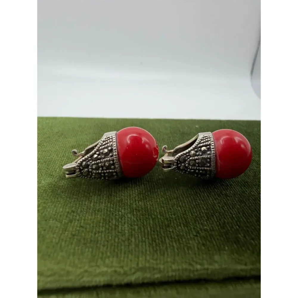 Silver Earrings Lady in Red - Red Earrings - Marcasite Jewelry